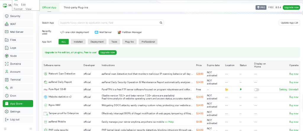 Screenshot Menu App Store Dashboard AApanel