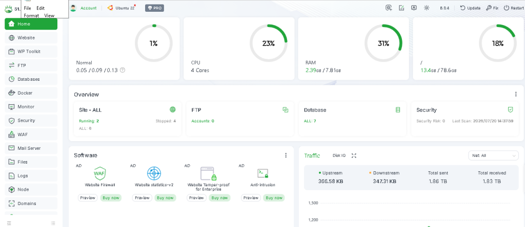 Screenshot Dasbor Utama aaPanel - Menampilkan grafik CPU, RAM, dan susunan menu di sebelah kiri
