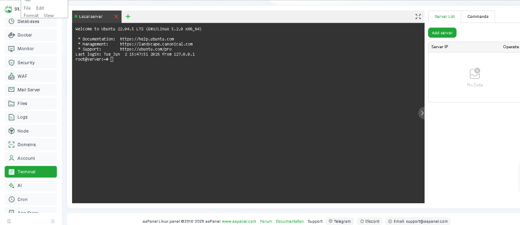 Screenshot Menu Terminal Dashboard AApanel
