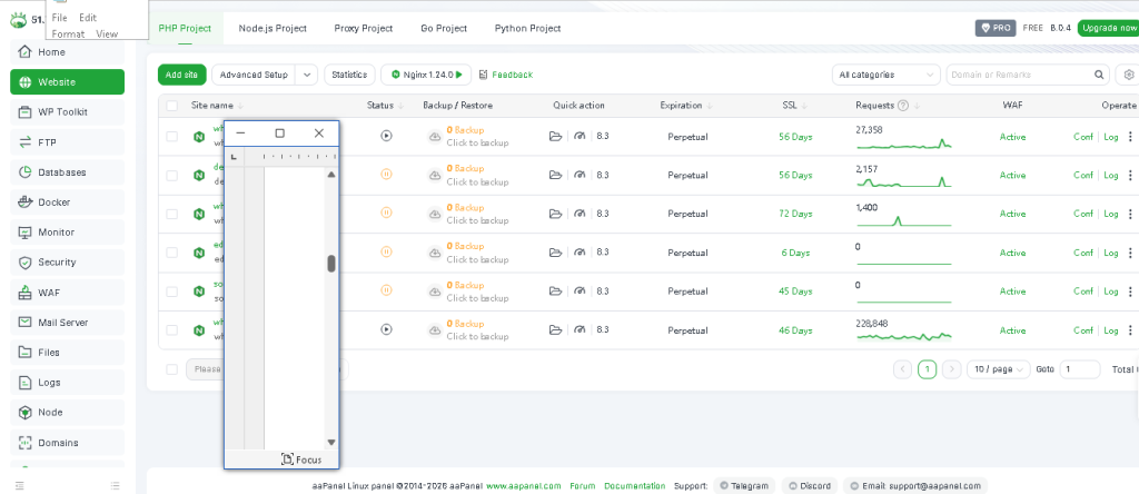 Screenshot Halaman Menu Website pada Dashboard AApanel