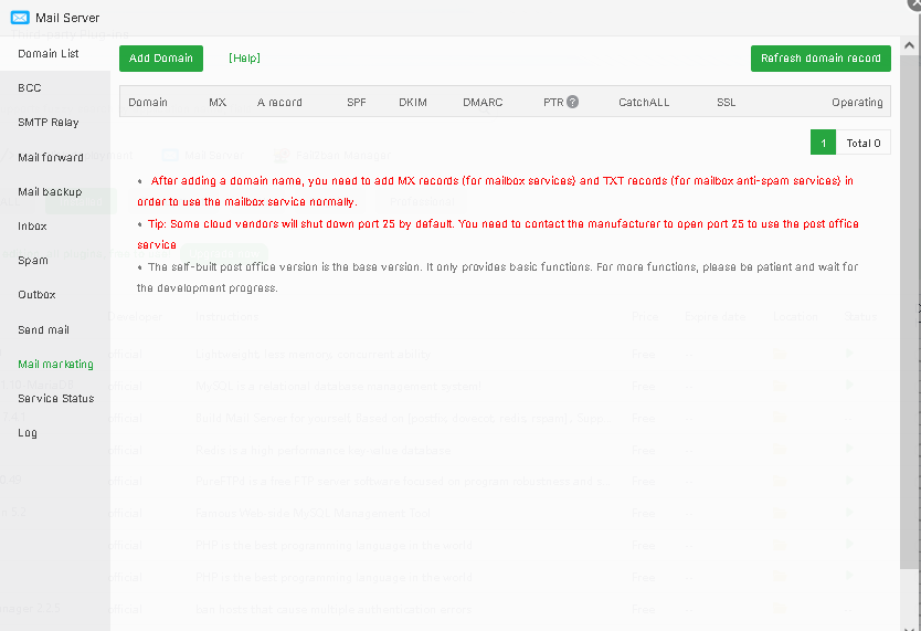 mail server dashboard