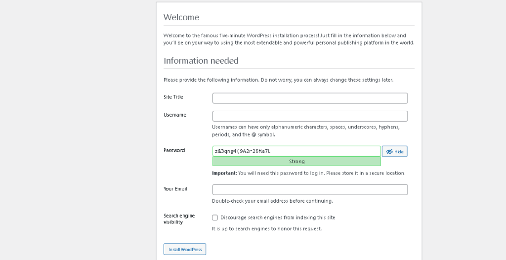 halaman kelima instalasi wordpress masukan data login yang anda inginkan