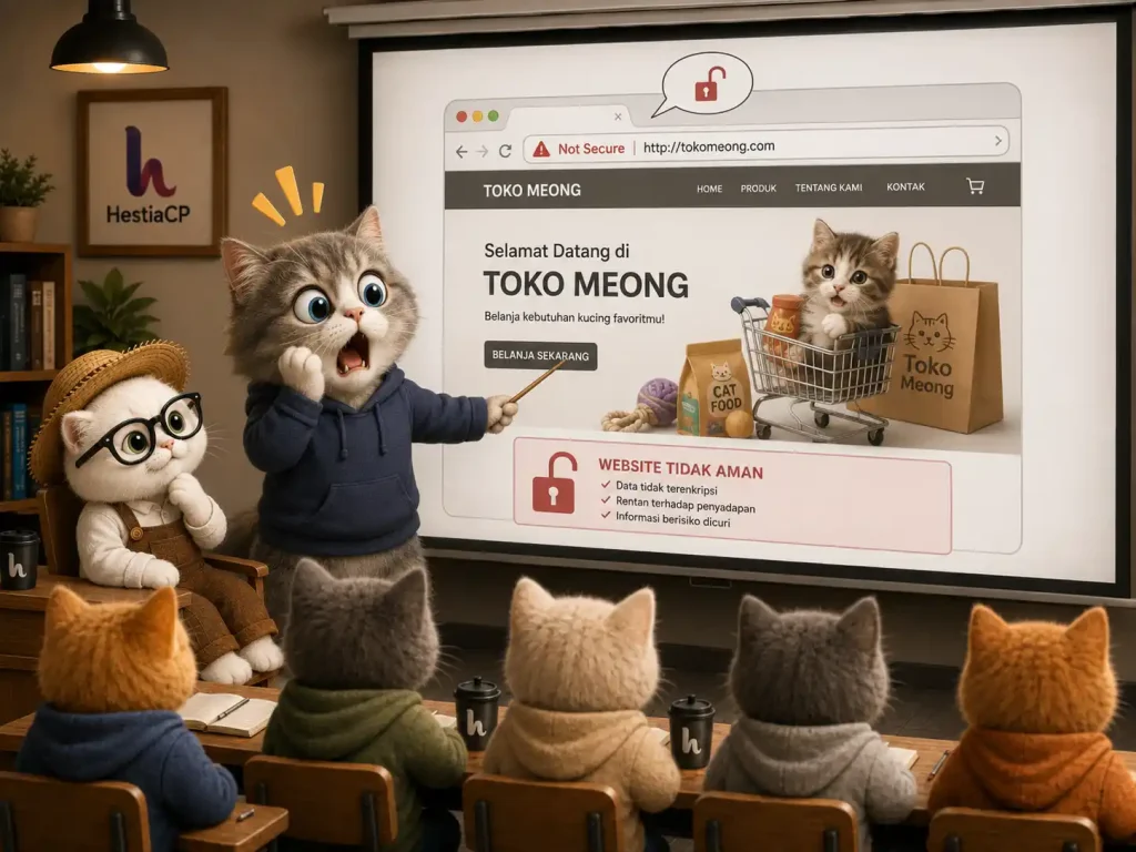 seekor kucing kaget website buatannya belum terpasang ssl ketika presentasi dikelas
