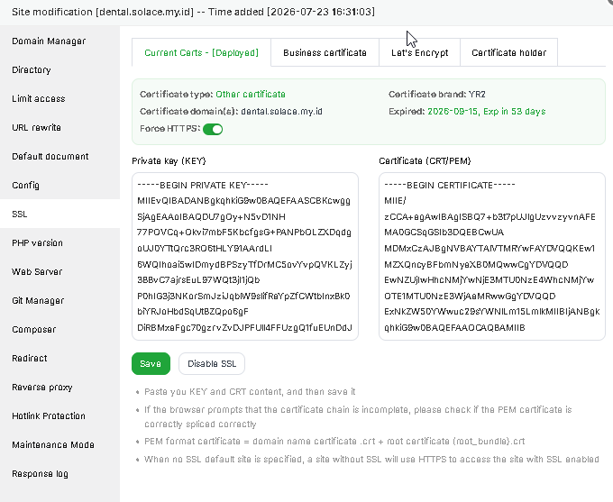 Tampilan pengaturan ssl di website yang ada di aapanel