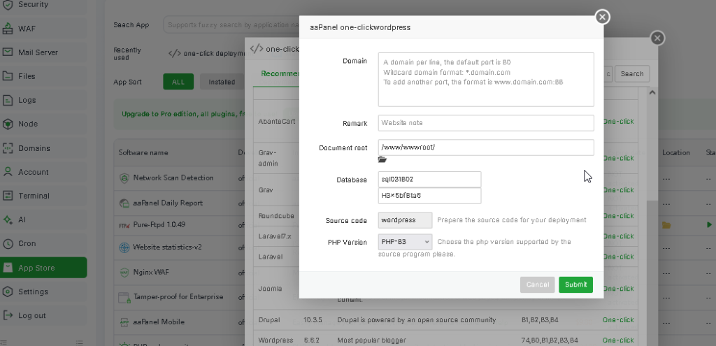 input data domain, database username dan database password