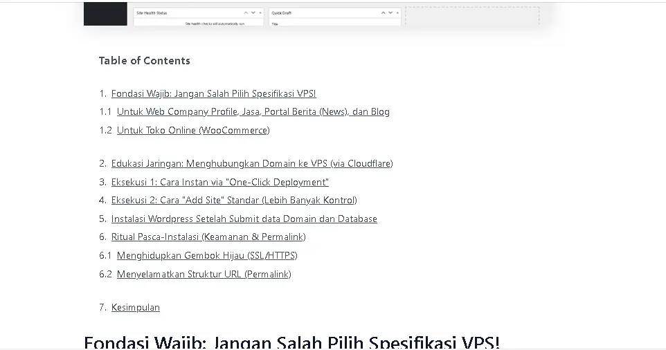 hasil daftar isi table of content Kadence Block setelah semua header di rapihkan
