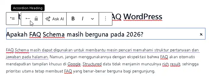 Tampilan penggunaan accordion core bawaan wordpress untuk membuat faq