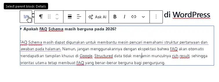 Tampilan penggunaan block detail untuk membuat Faq