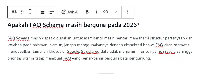Tampilan penggunaan block heading h3 dan paragraf untuk membuat faq
