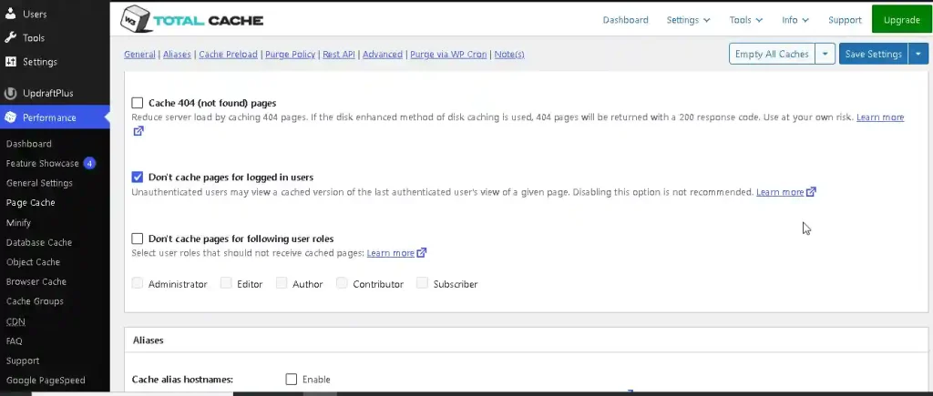 centang bagian dont cache page for logged in users di w3 total cache
