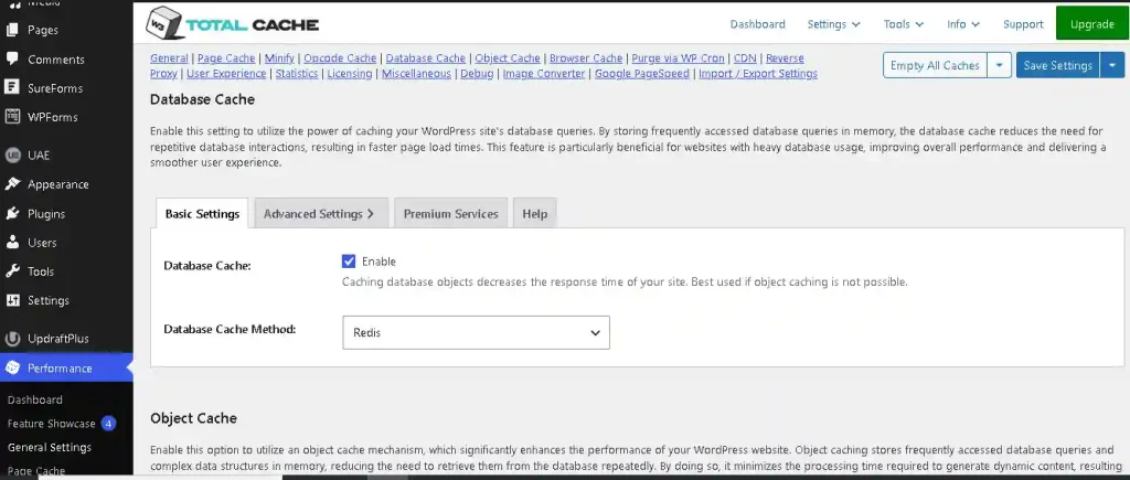 enable database cache pilih redis di w3 total cache