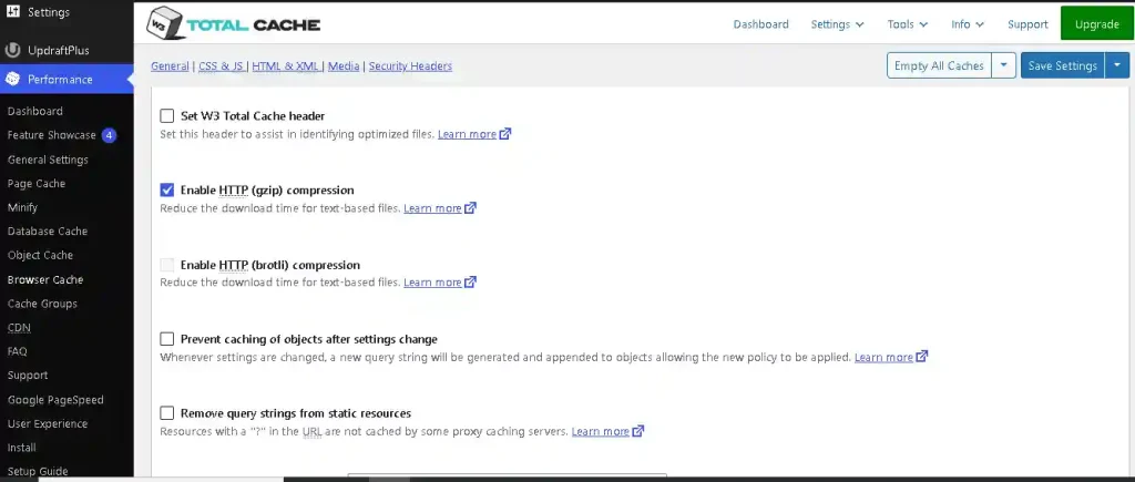 enable opsi gzip di w3 total cache