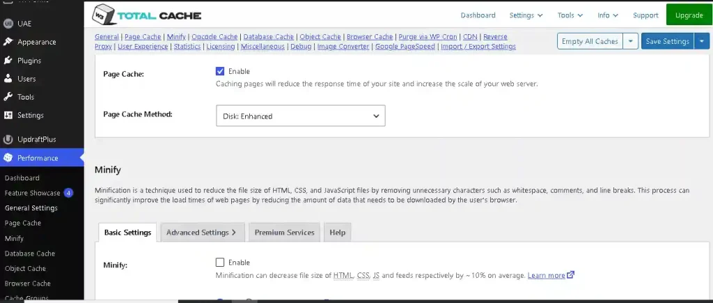 enable page cache di plugin w3 total cache