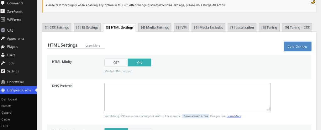 setting html minify on