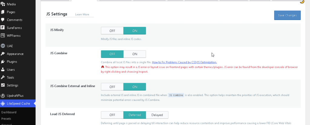 Setting js minify on