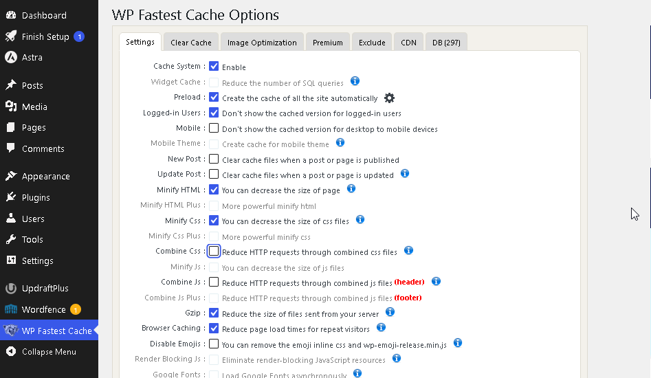 Setting plugin wp fastest cache
