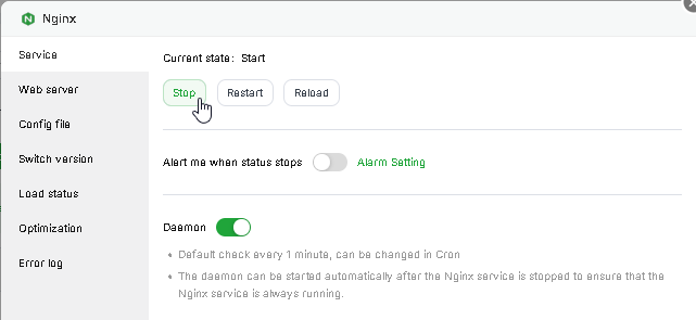 stop service nginx di aapanel