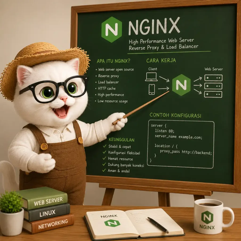 white menjelaskan nginx dipapan tulis